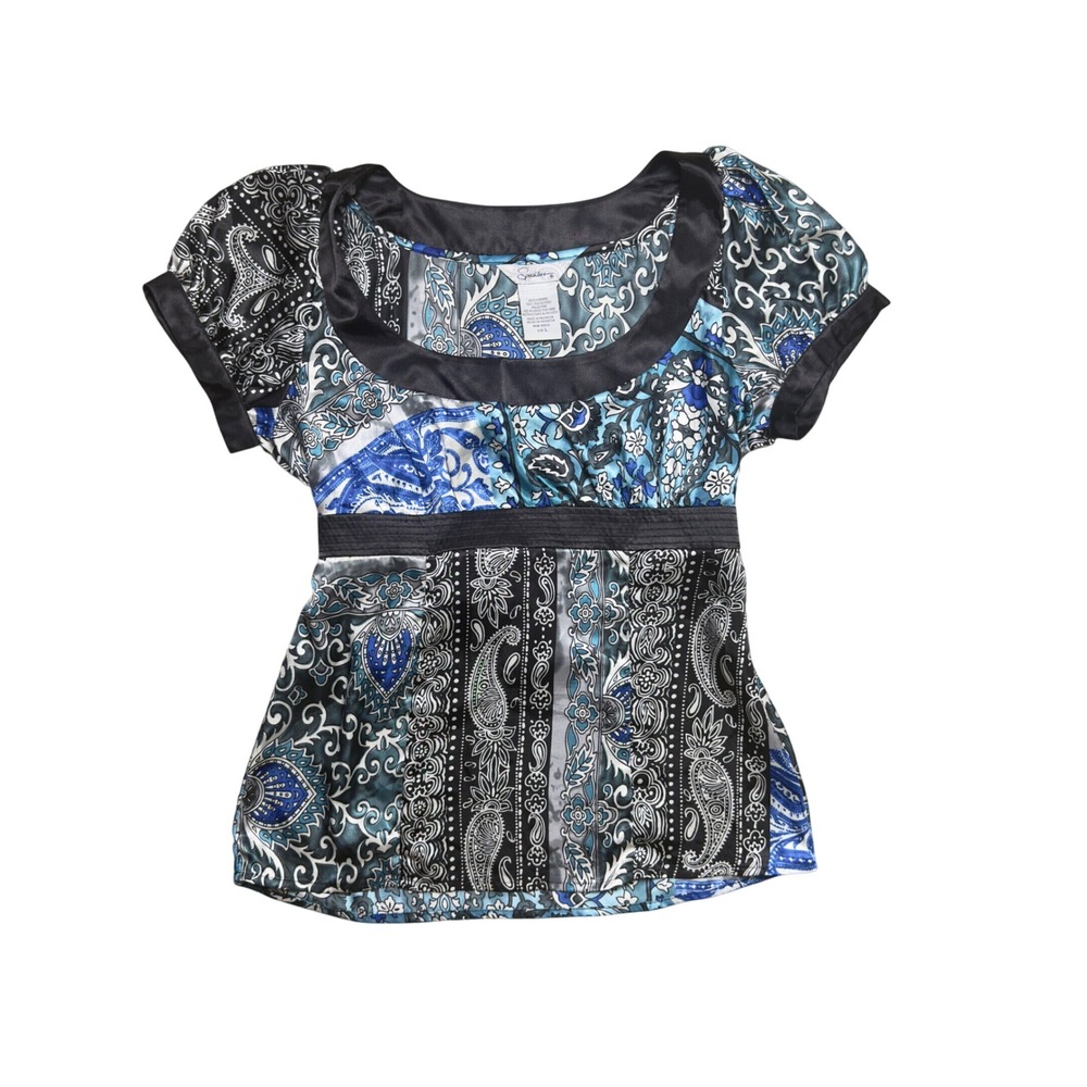 Speechless Blue Paisley Satin Trim Empire Waist Tie Back Top